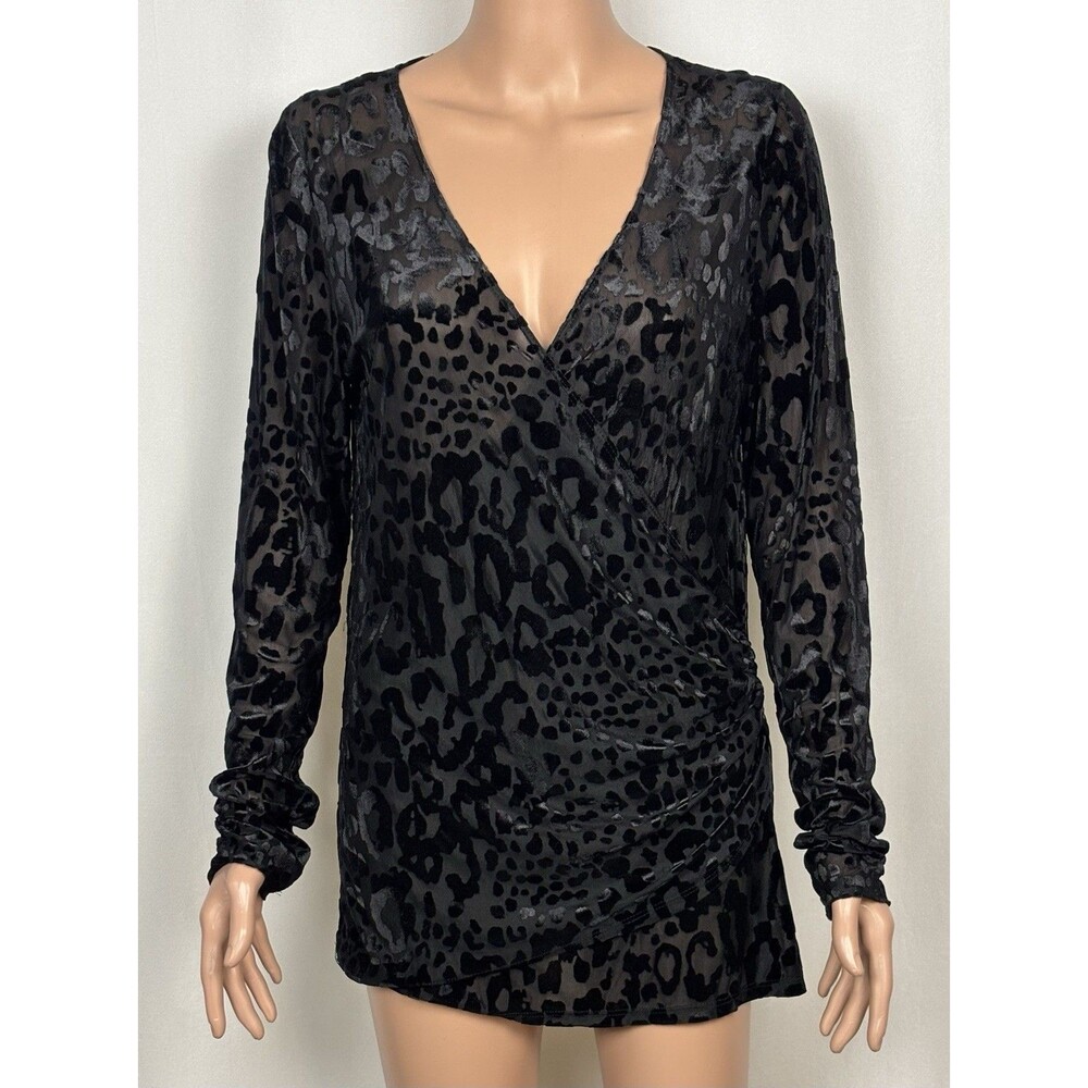 Karen Kane Women’s Large Top Sheer Devore Velvet Leopard Animal Print Faux Wrap